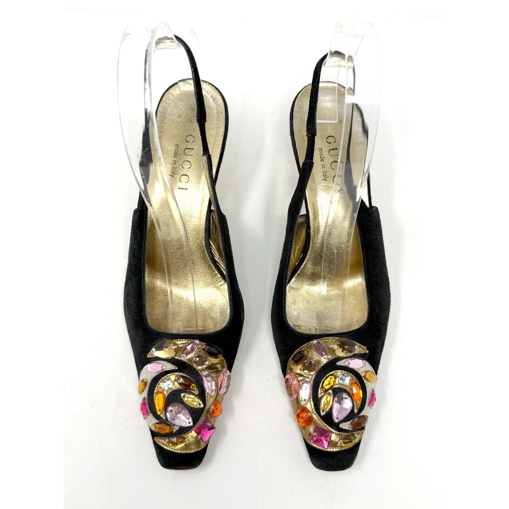 Gucci Tom Ford FW 2000 Runway Black Suede Kitten Slingback Heels 36.5